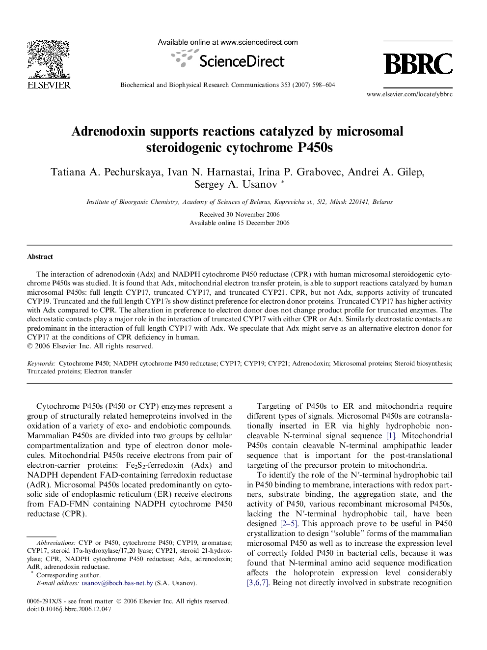 Adrenodoxin supports reactions catalyzed by microsomal steroidogenic cytochrome P450s