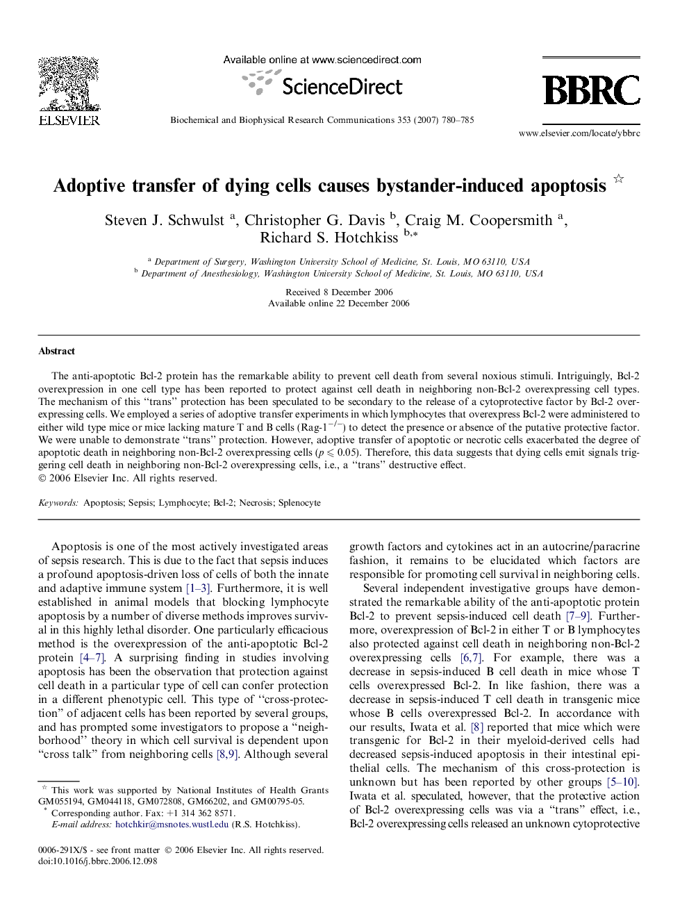 Adoptive transfer of dying cells causes bystander-induced apoptosis