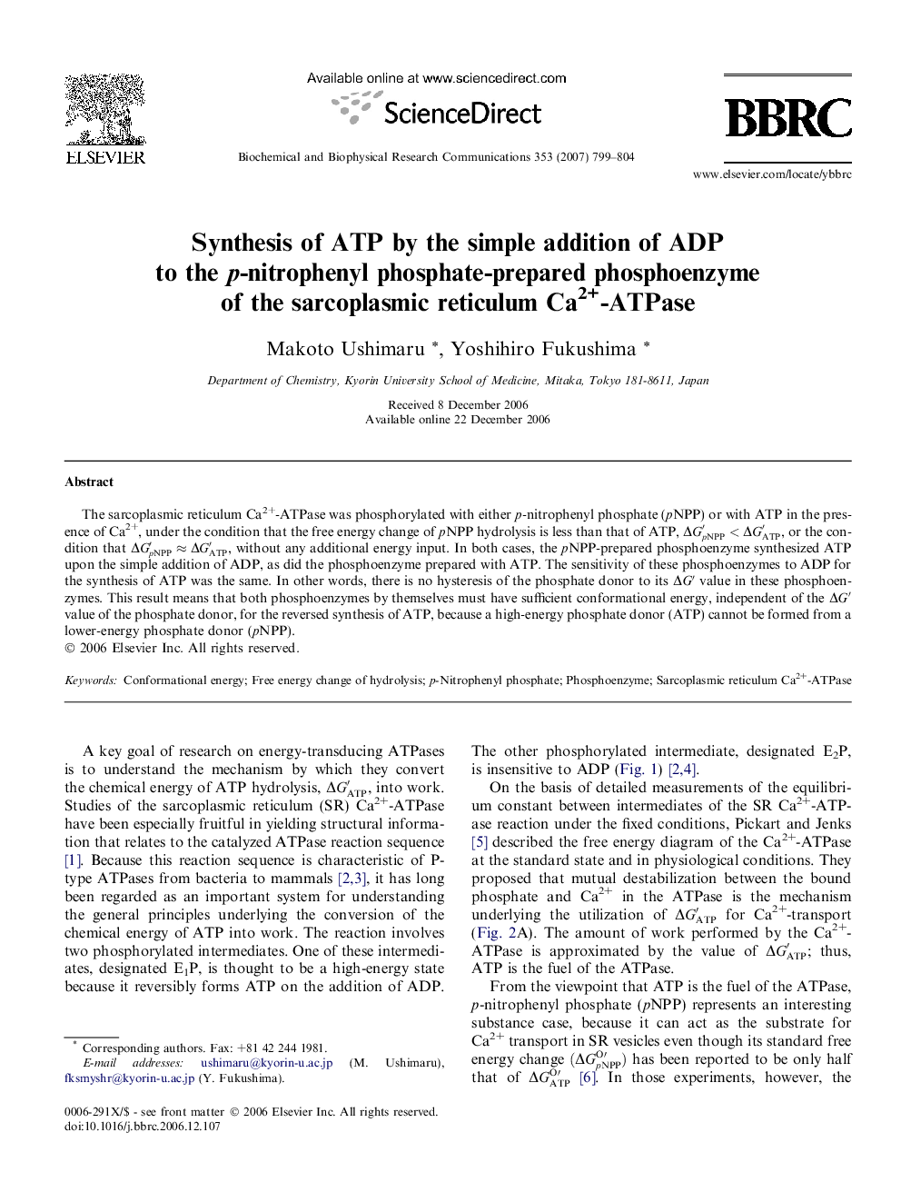 Synthesis of ATP by the simple addition of ADP to the p-nitrophenyl phosphate-prepared phosphoenzyme of the sarcoplasmic reticulum Ca2+-ATPase