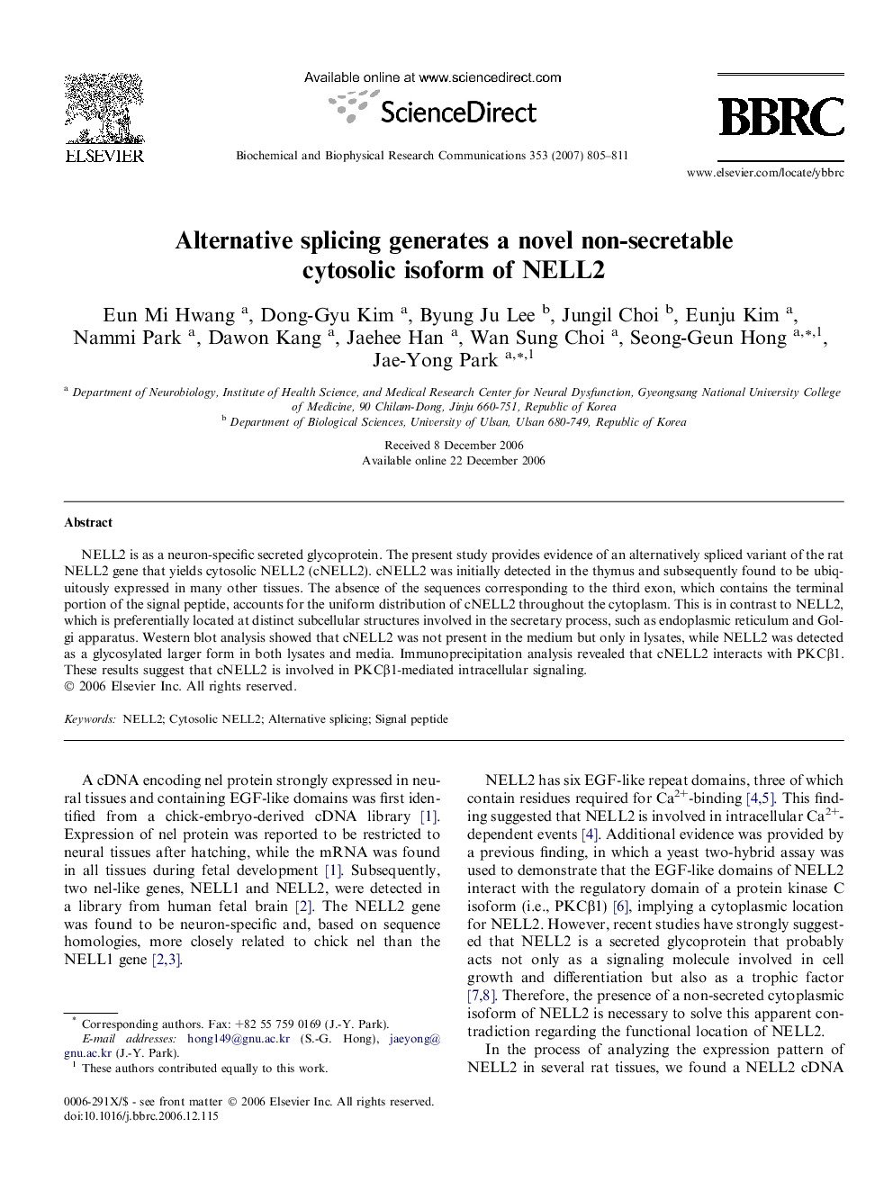 Alternative splicing generates a novel non-secretable cytosolic isoform of NELL2