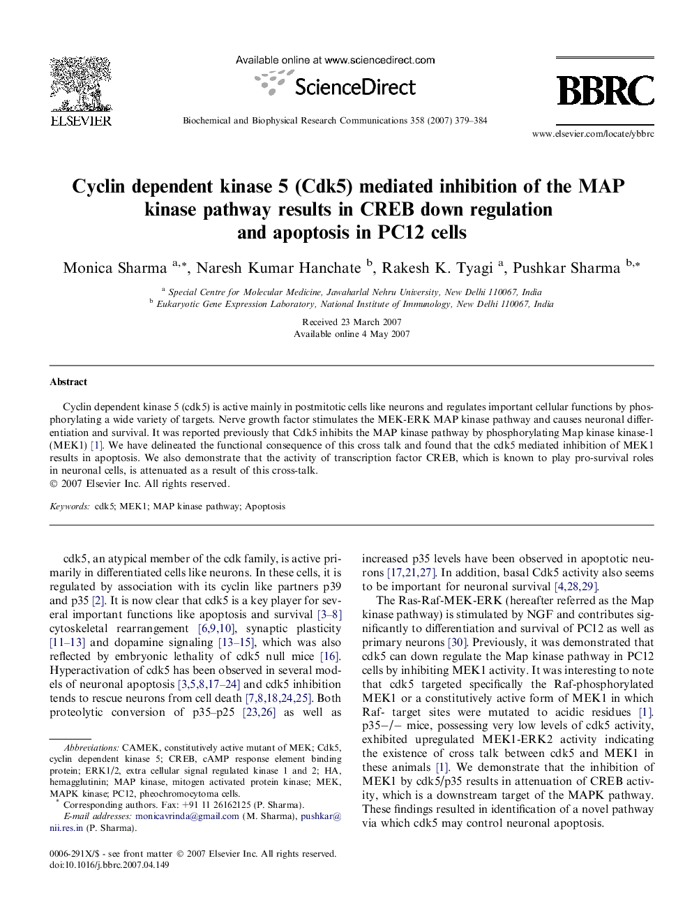 Cyclin dependent kinase 5 (Cdk5) mediated inhibition of the MAP kinase pathway results in CREB down regulation and apoptosis in PC12 cells