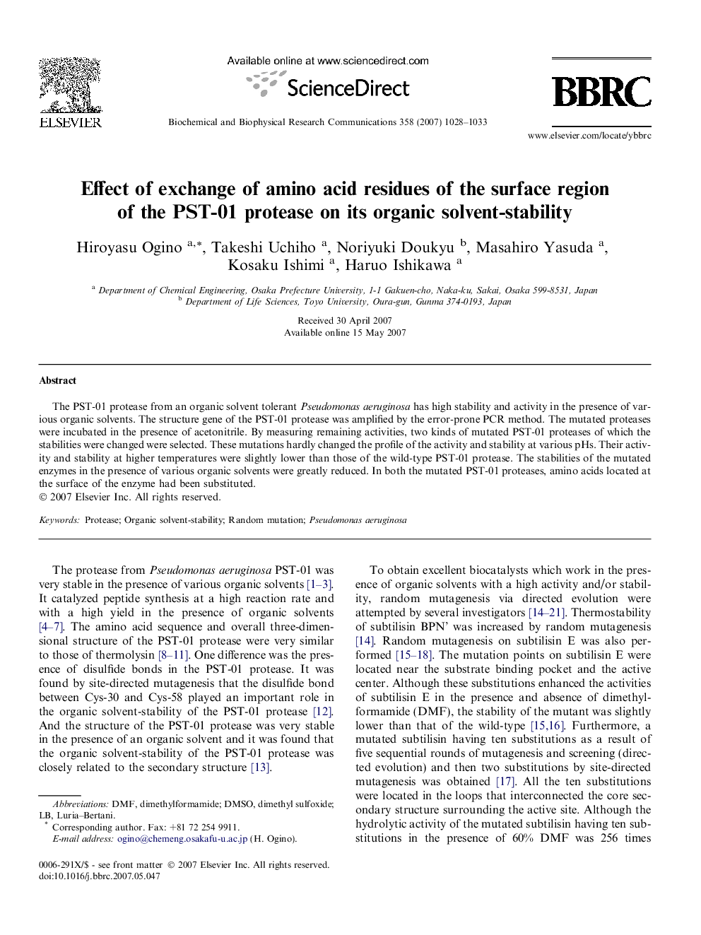 Effect of exchange of amino acid residues of the surface region of the PST-01 protease on its organic solvent-stability