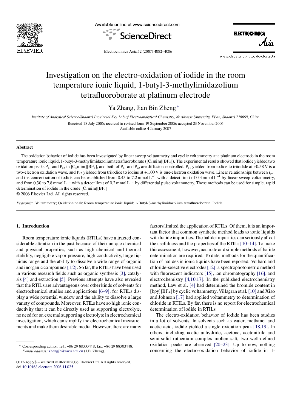 Investigation on the electro-oxidation of iodide in the room temperature ionic liquid, 1-butyl-3-methylimidazolium tetrafluoroborate at platinum electrode