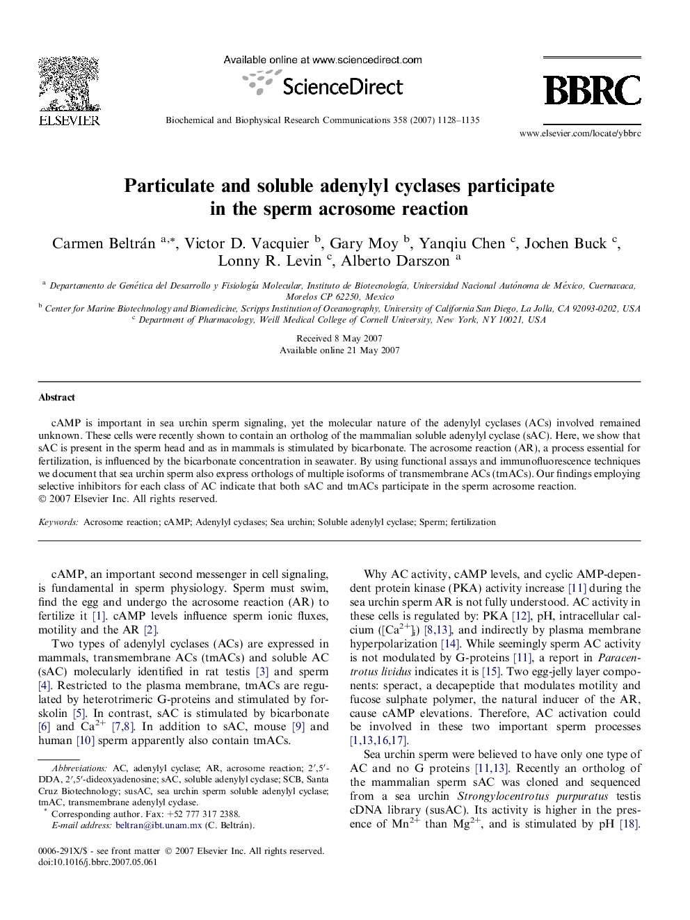 Particulate and soluble adenylyl cyclases participate in the sperm acrosome reaction