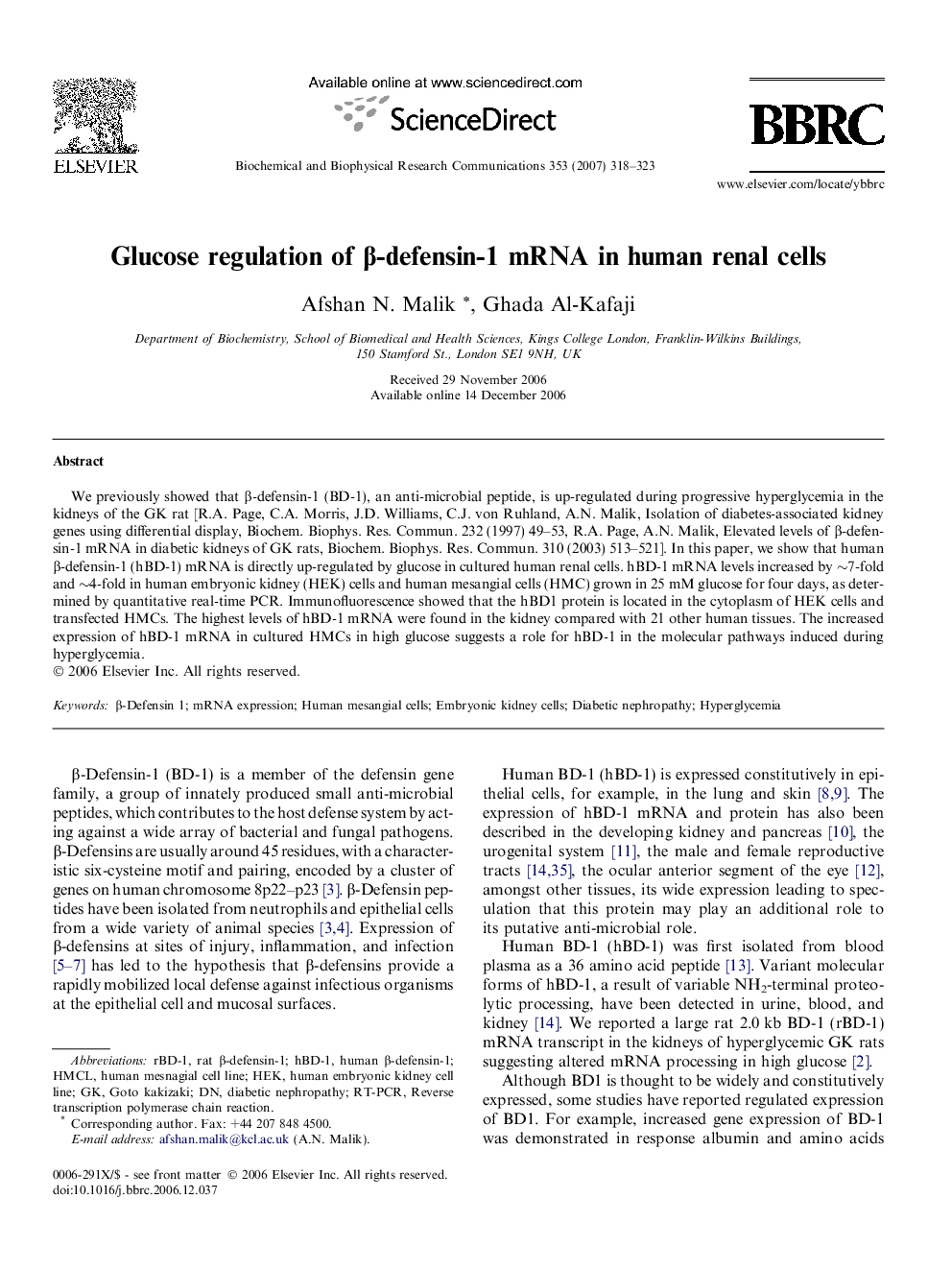 Glucose regulation of β-defensin-1 mRNA in human renal cells