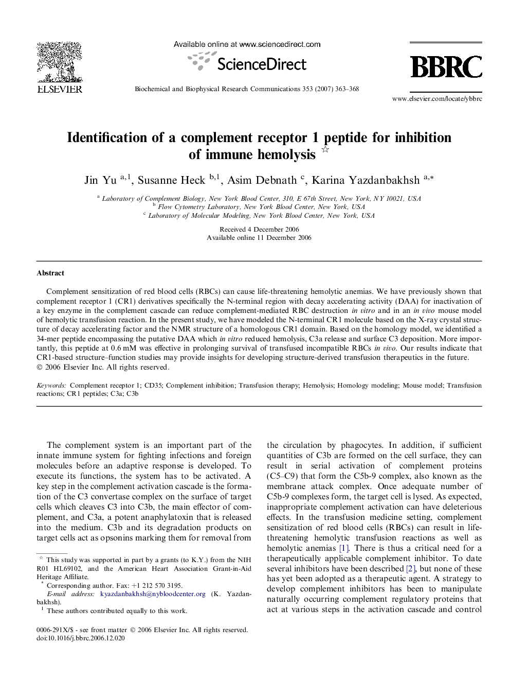 Identification of a complement receptor 1 peptide for inhibition of immune hemolysis