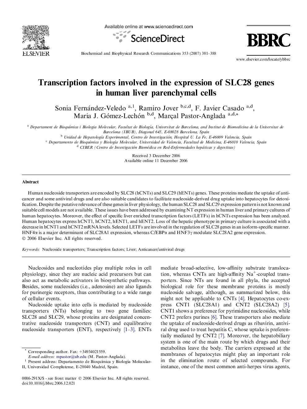 Transcription factors involved in the expression of SLC28 genes in human liver parenchymal cells