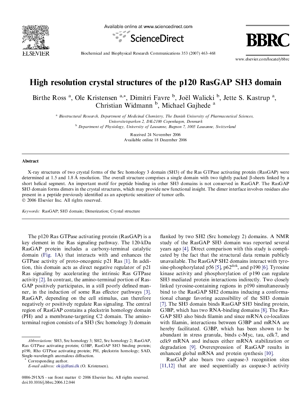 High resolution crystal structures of the p120 RasGAP SH3 domain