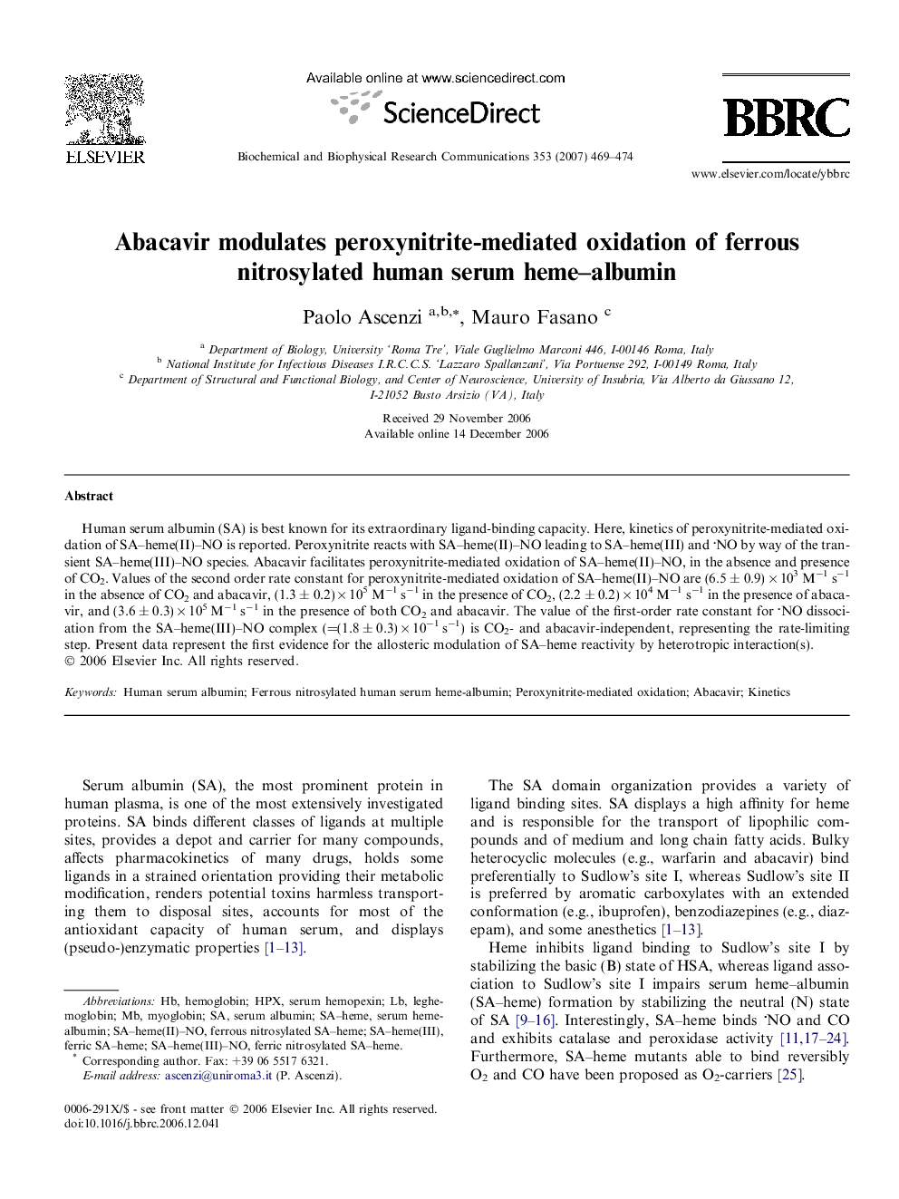 Abacavir modulates peroxynitrite-mediated oxidation of ferrous nitrosylated human serum heme–albumin