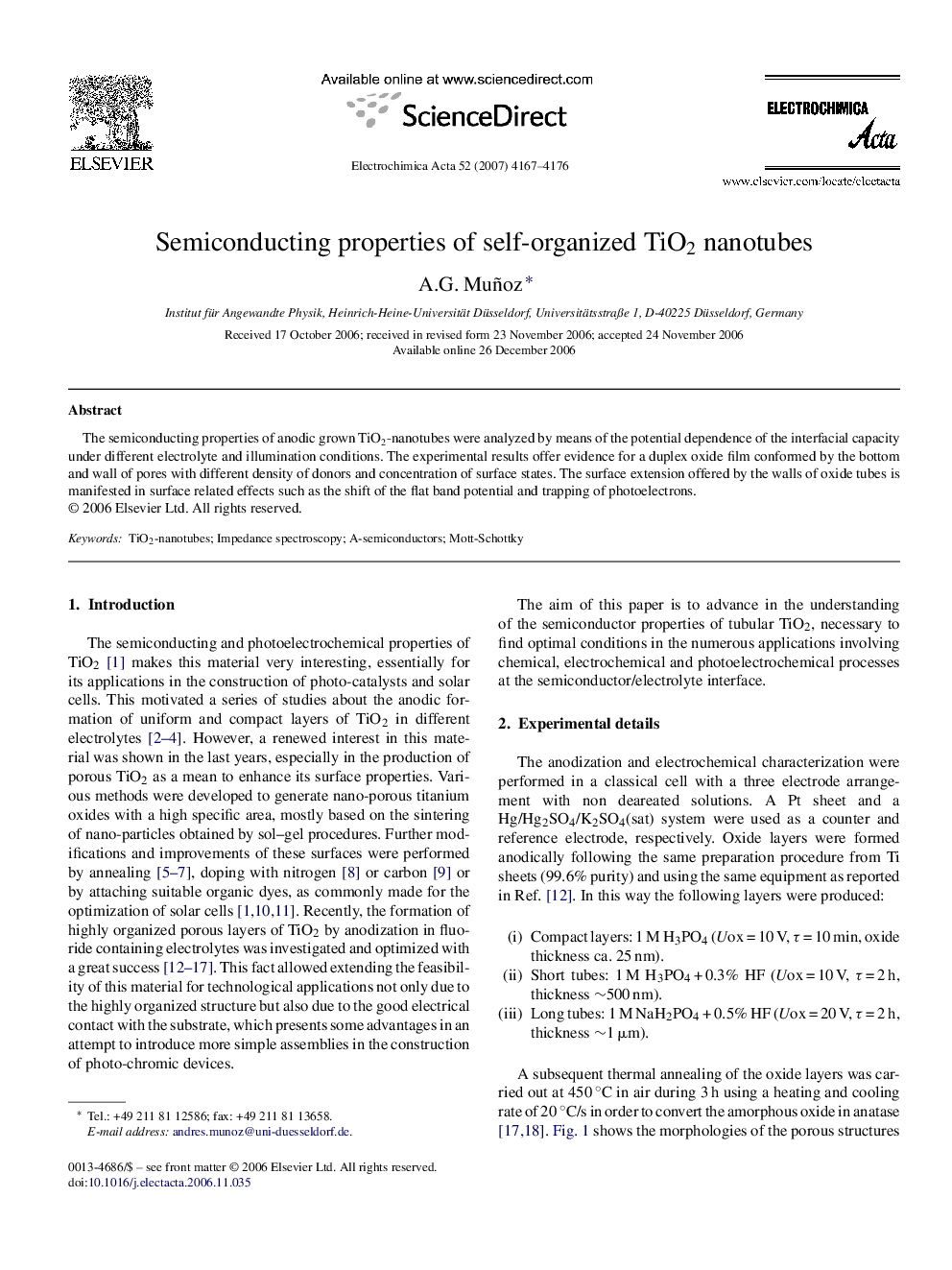 Semiconducting properties of self-organized TiO2 nanotubes