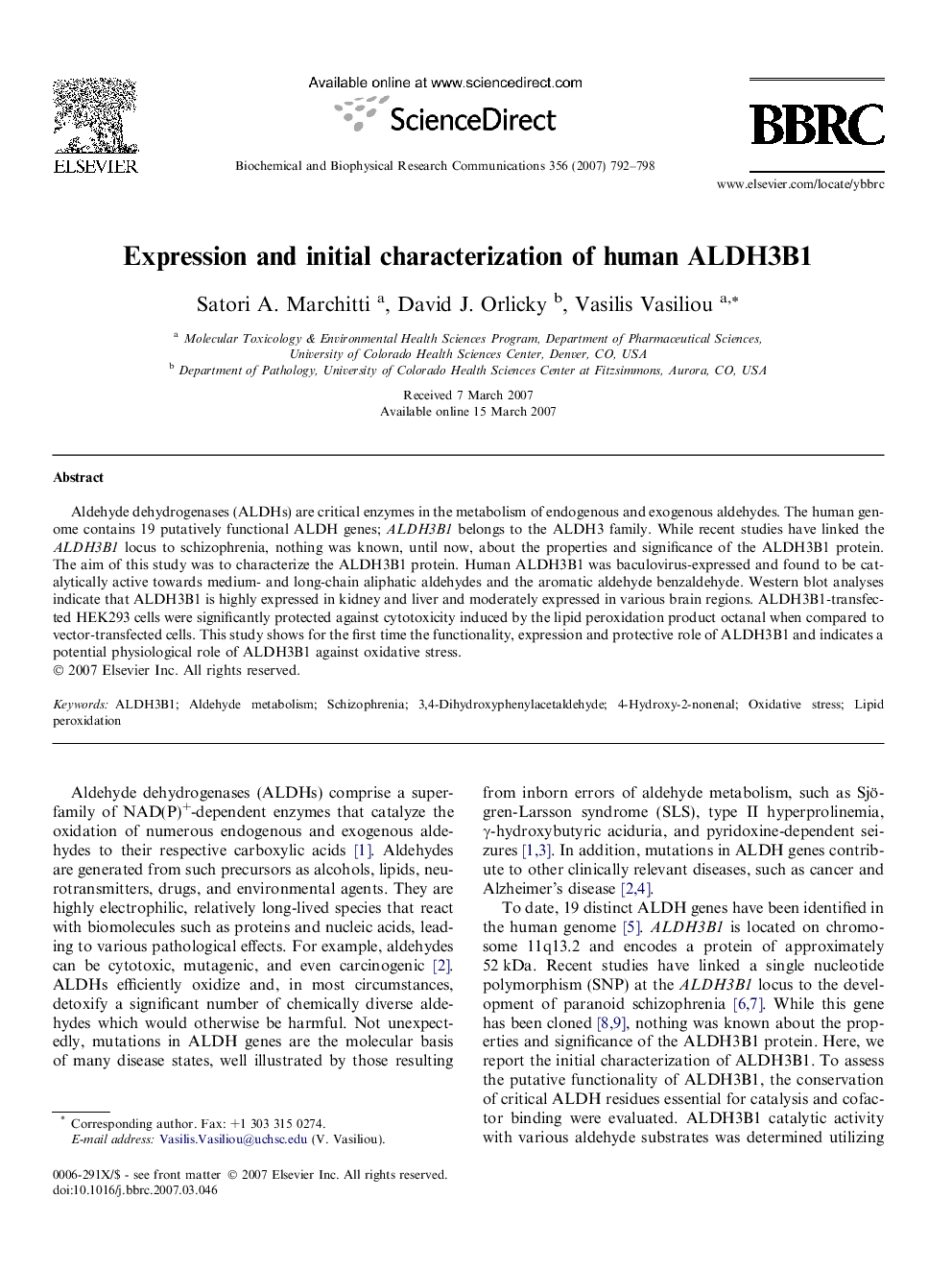 Expression and initial characterization of human ALDH3B1