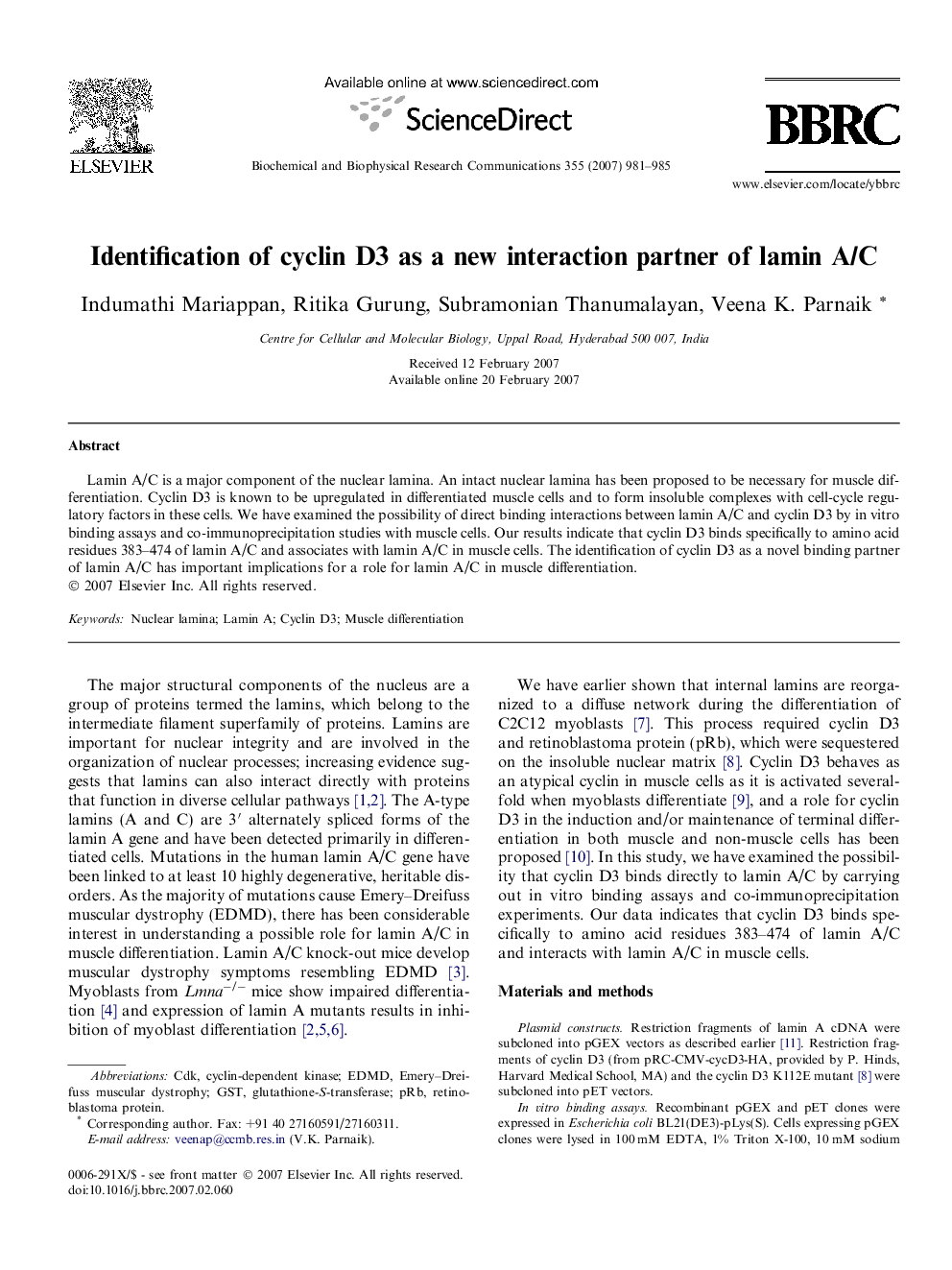 Identification of cyclin D3 as a new interaction partner of lamin A/C