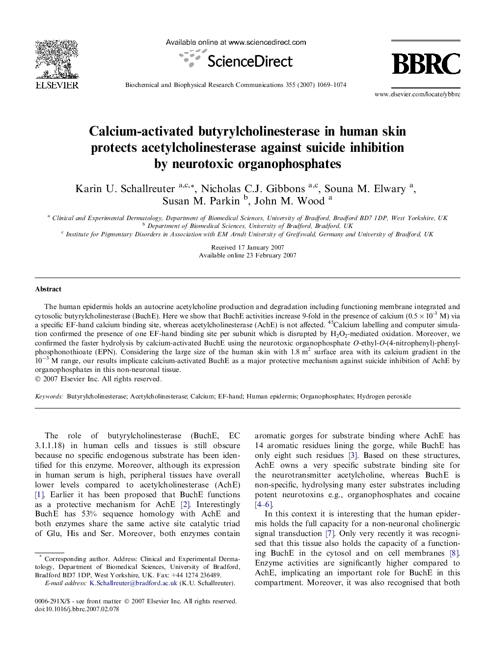 Calcium-activated butyrylcholinesterase in human skin protects acetylcholinesterase against suicide inhibition by neurotoxic organophosphates