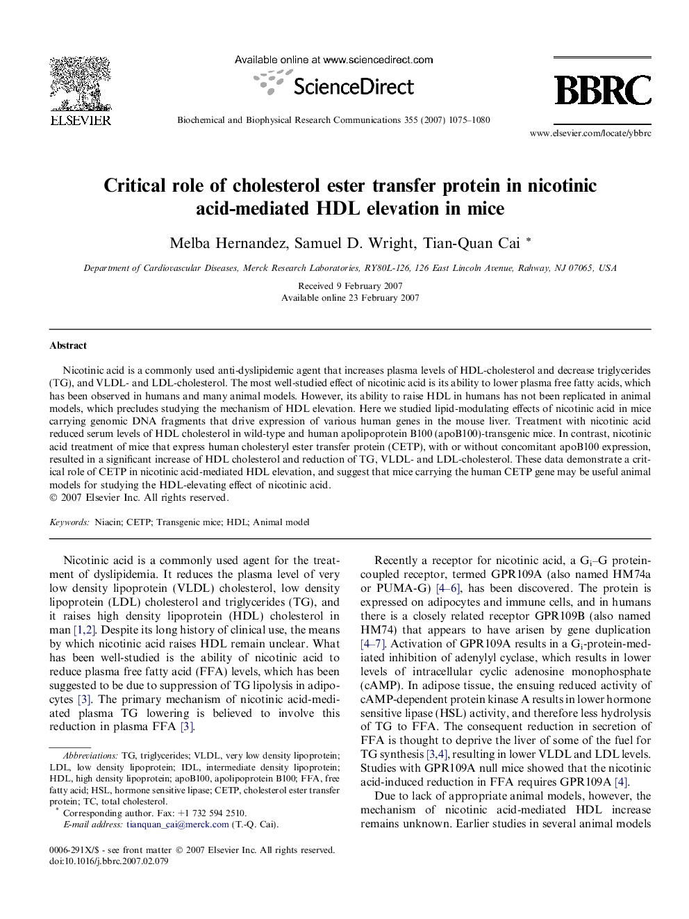 Critical role of cholesterol ester transfer protein in nicotinic acid-mediated HDL elevation in mice