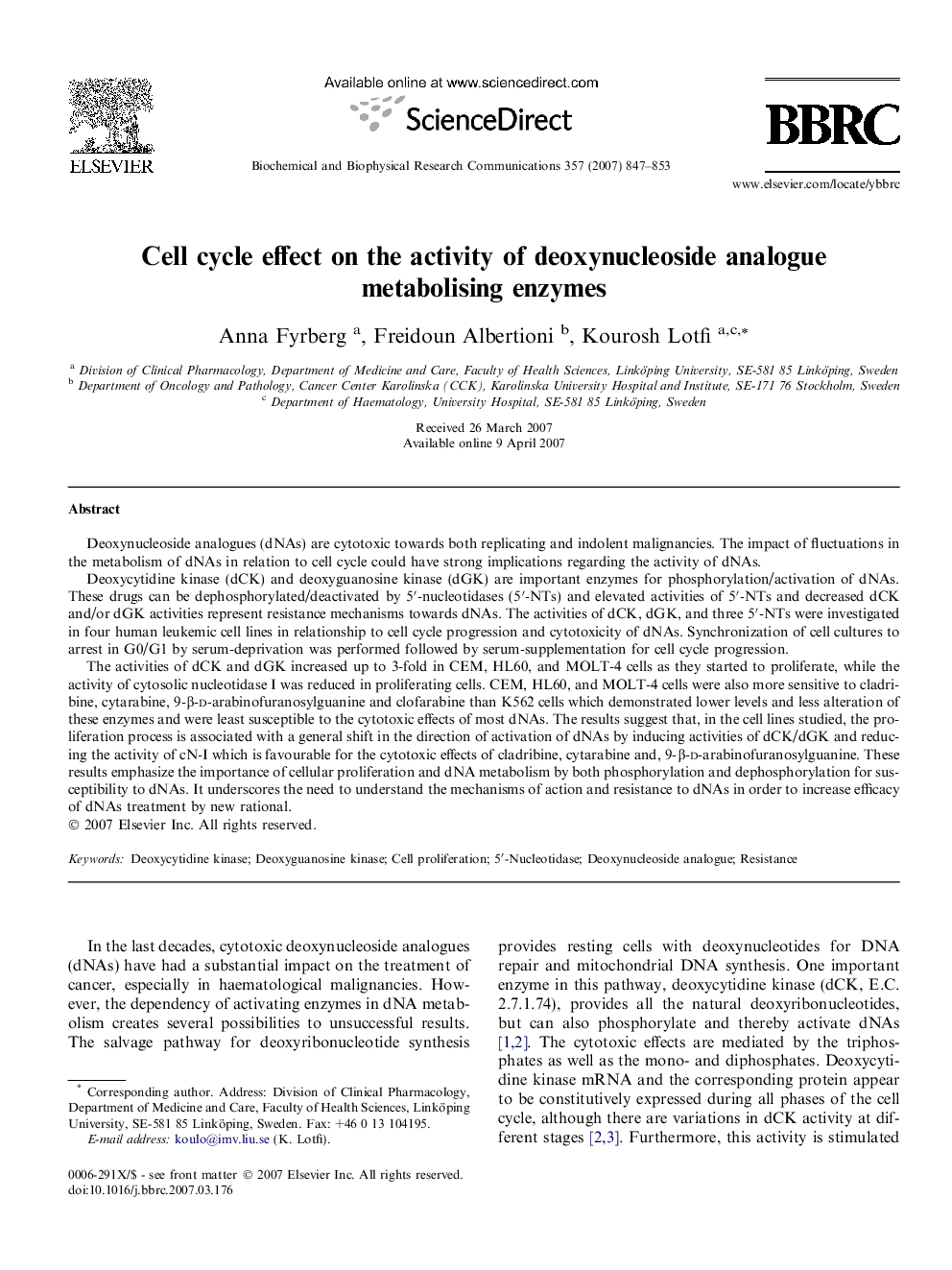 Cell cycle effect on the activity of deoxynucleoside analogue metabolising enzymes