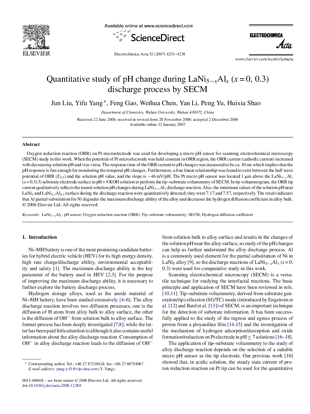 Quantitative study of pH change during LaNi5−xAlx (x = 0, 0.3) discharge process by SECM