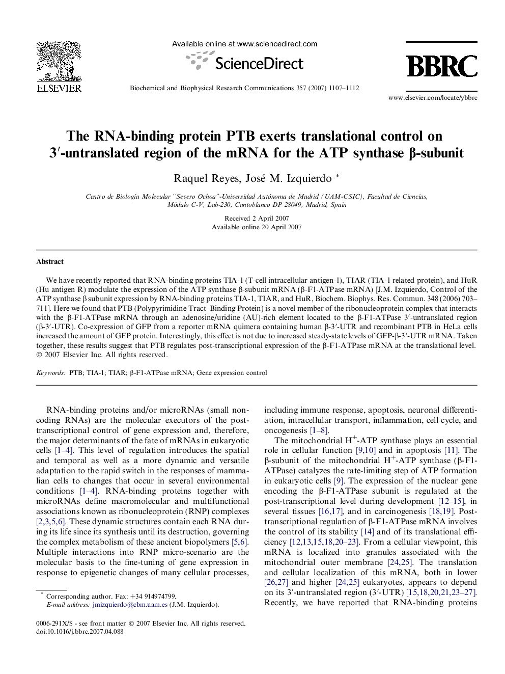 The RNA-binding protein PTB exerts translational control on 3′-untranslated region of the mRNA for the ATP synthase β-subunit