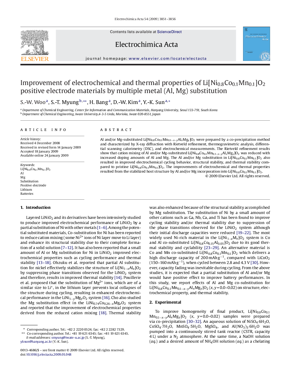 Improvement of electrochemical and thermal properties of Li[Ni0.8Co0.1Mn0.1]O2 positive electrode materials by multiple metal (Al, Mg) substitution