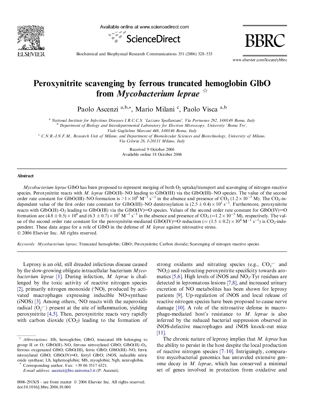 Peroxynitrite scavenging by ferrous truncated hemoglobin GlbO from Mycobacterium leprae