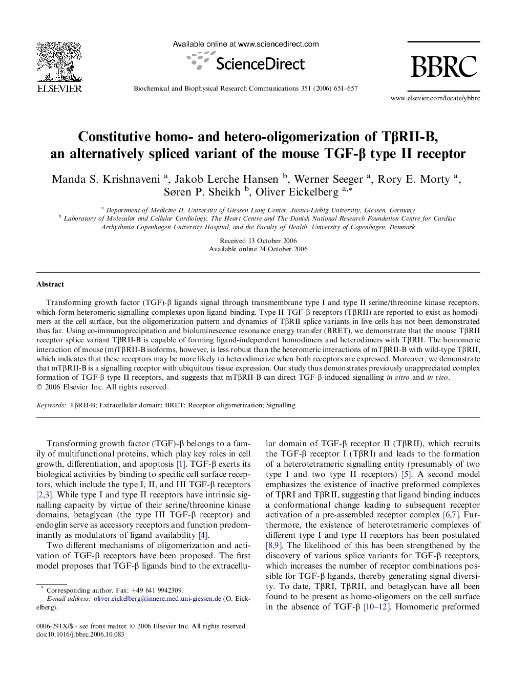 Constitutive homo- and hetero-oligomerization of TÎ²RII-B, an alternatively spliced variant of the mouse TGF-Î² type II receptor