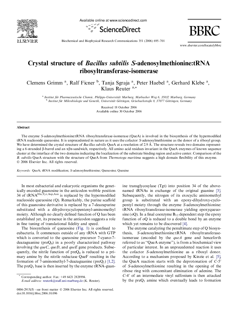 Crystal structure of Bacillus subtilis S-adenosylmethionine:tRNA ribosyltransferase-isomerase