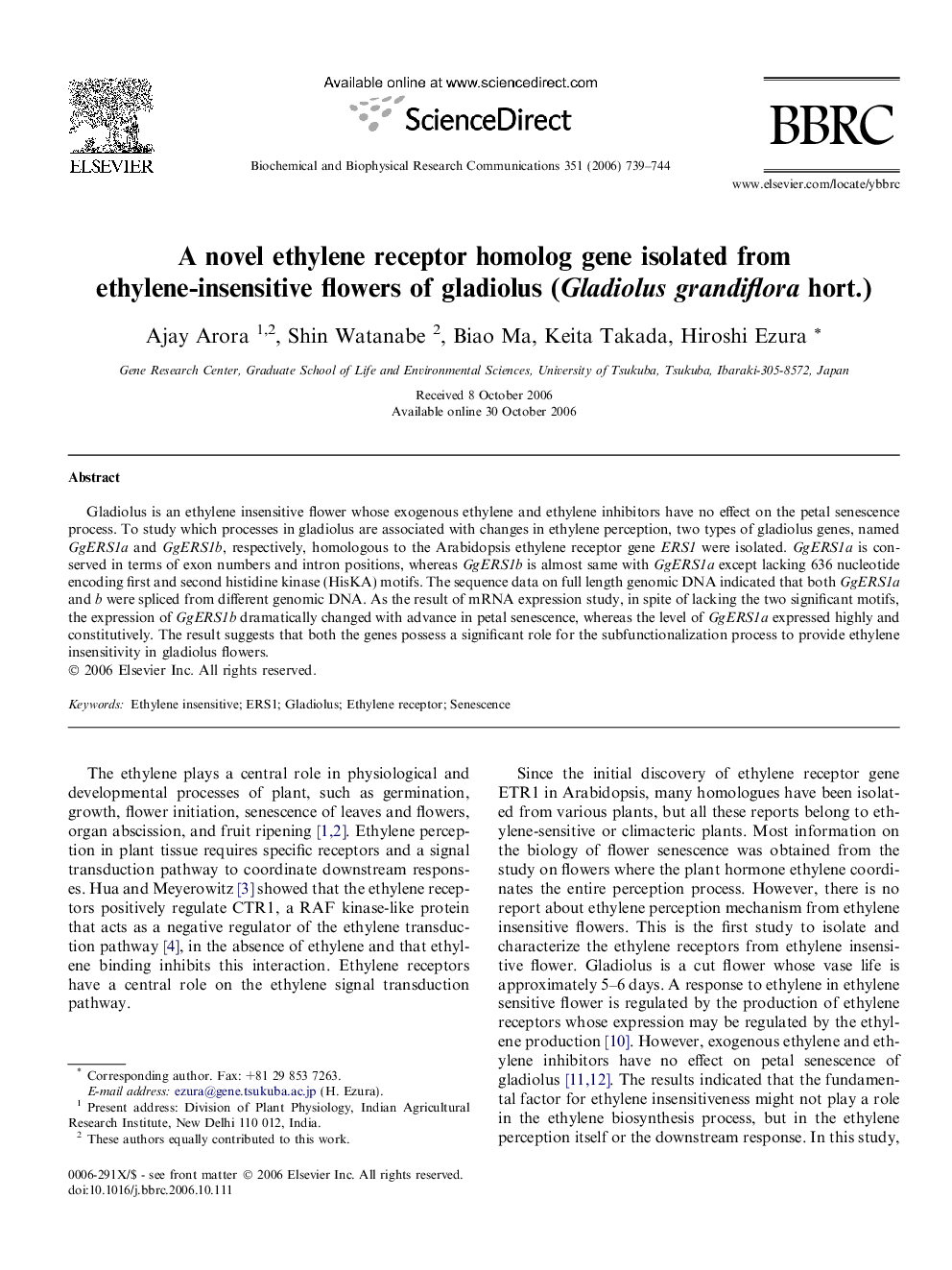 A novel ethylene receptor homolog gene isolated from ethylene-insensitive flowers of gladiolus (Gladiolus grandiflora hort.)