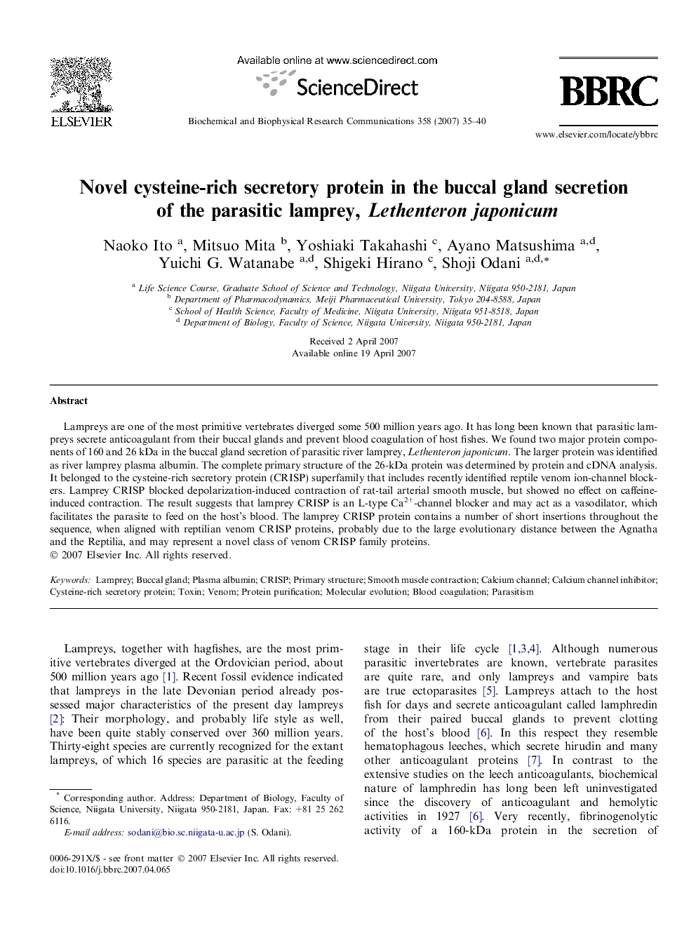 Novel cysteine-rich secretory protein in the buccal gland secretion of the parasitic lamprey, Lethenteron japonicum