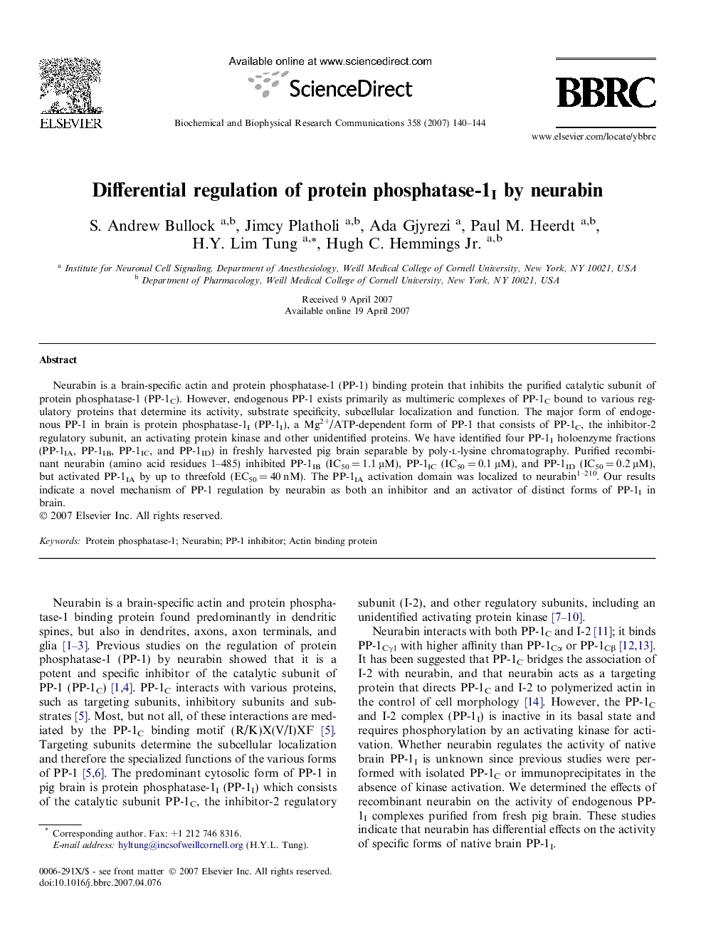 Differential regulation of protein phosphatase-1I by neurabin