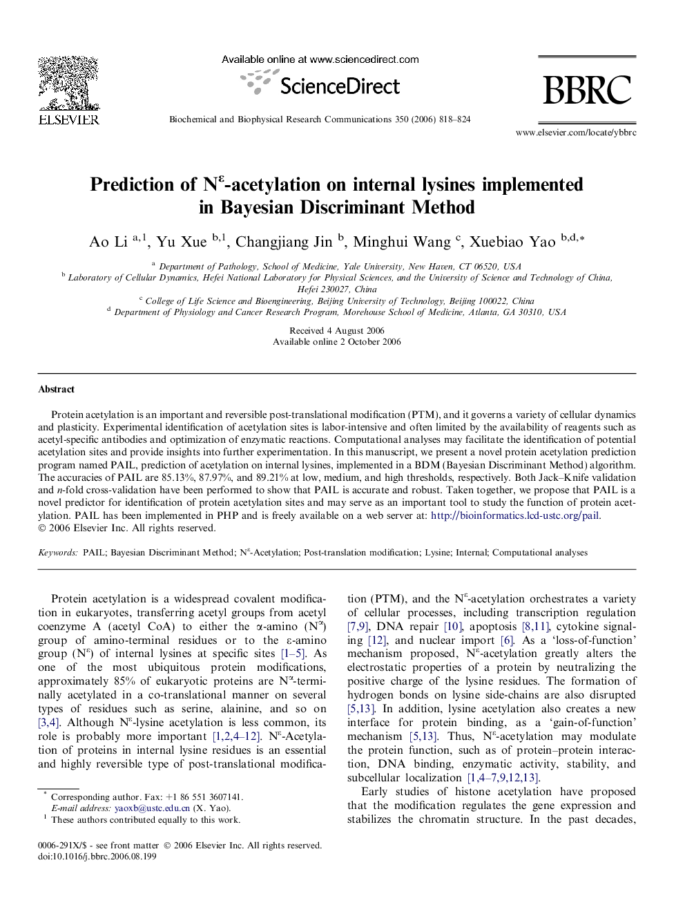 Prediction of Nε-acetylation on internal lysines implemented in Bayesian Discriminant Method