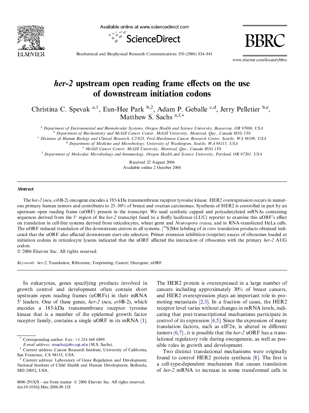 her-2 upstream open reading frame effects on the use of downstream initiation codons