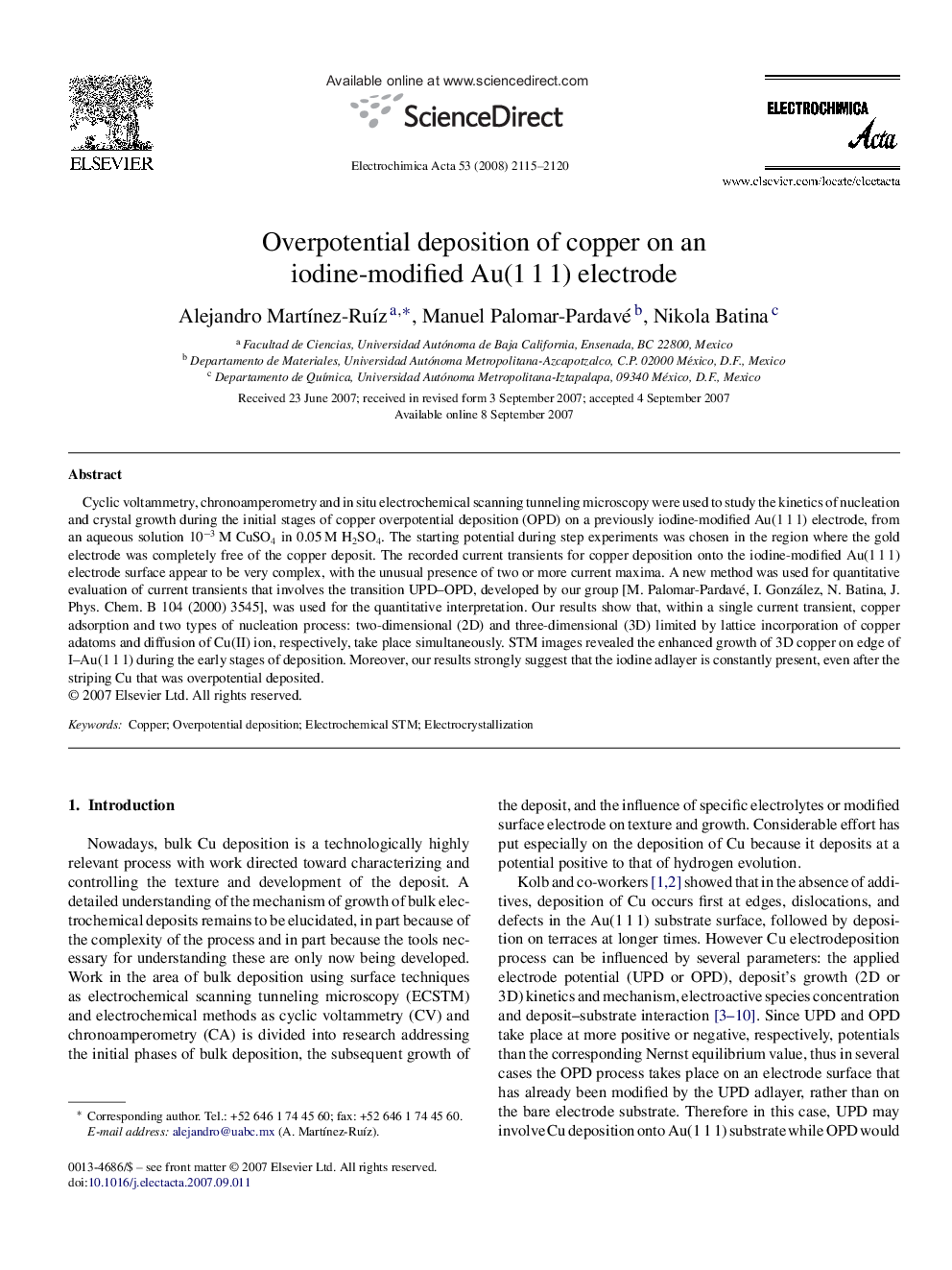 Overpotential deposition of copper on an iodine-modified Au(1 1 1) electrode