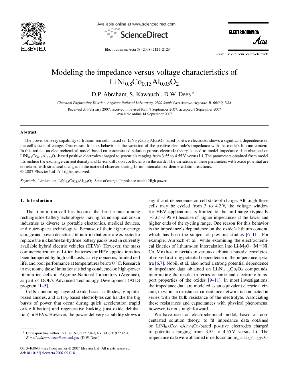 Modeling the impedance versus voltage characteristics of LiNi0.8Co0.15Al0.05O2