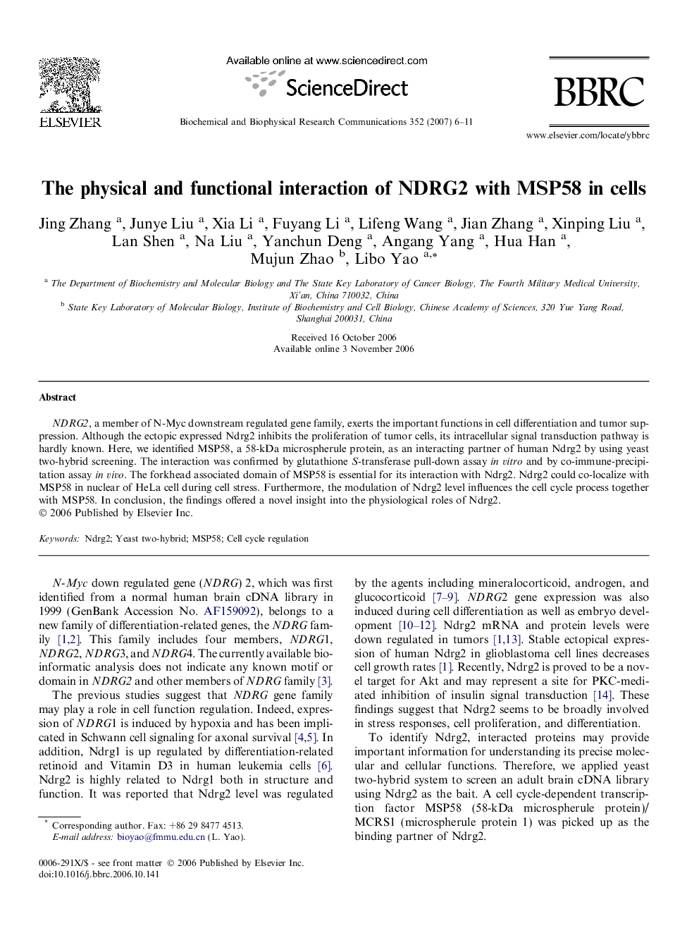 The physical and functional interaction of NDRG2 with MSP58 in cells