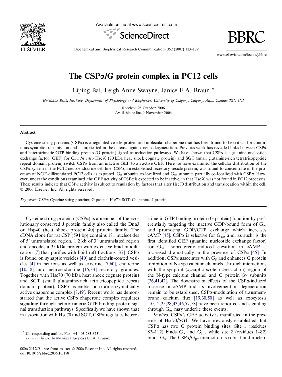 The CSPα/G protein complex in PC12 cells