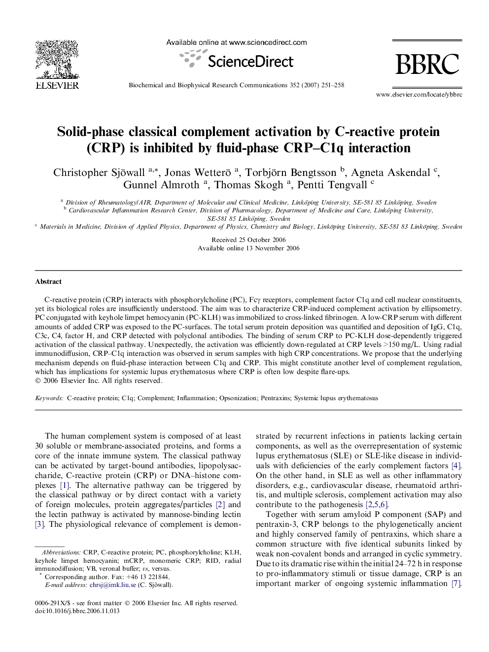 Solid-phase classical complement activation by C-reactive protein (CRP) is inhibited by fluid-phase CRP–C1q interaction