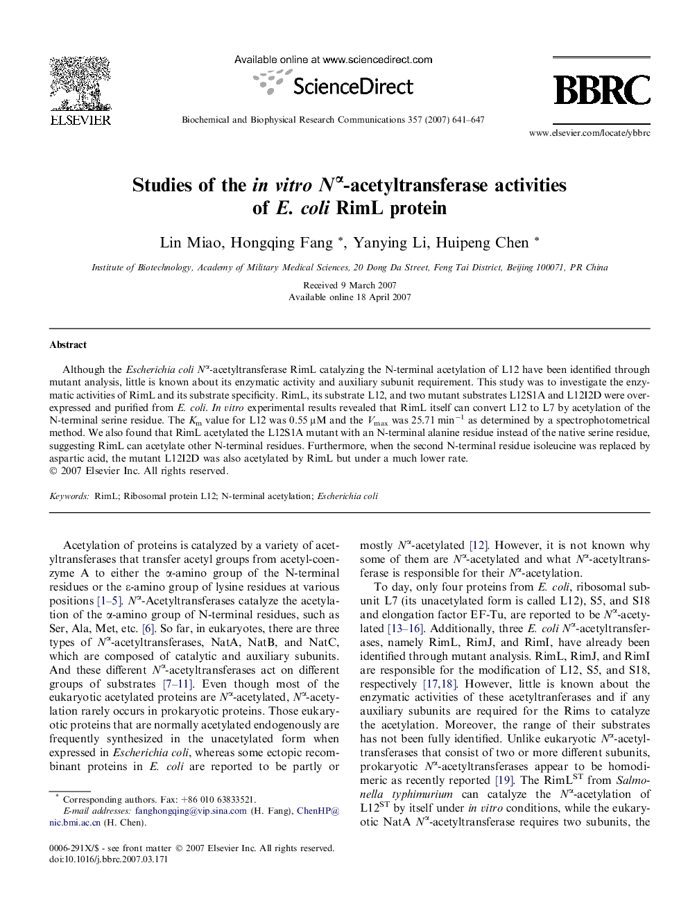 Studies of the in vitro Nα-acetyltransferase activities of E. coli RimL protein