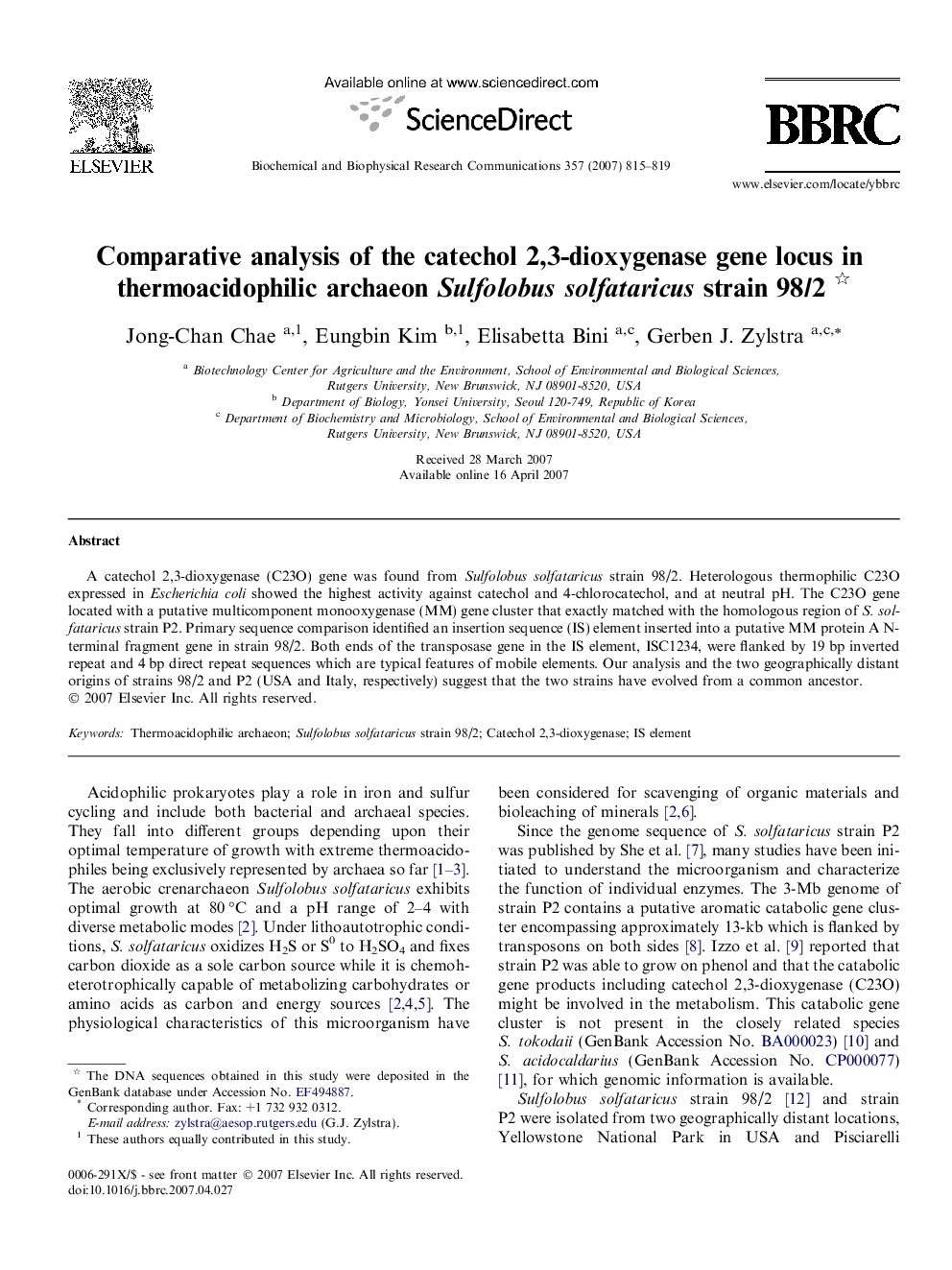 Comparative analysis of the catechol 2,3-dioxygenase gene locus in thermoacidophilic archaeon Sulfolobus solfataricus strain 98/2 