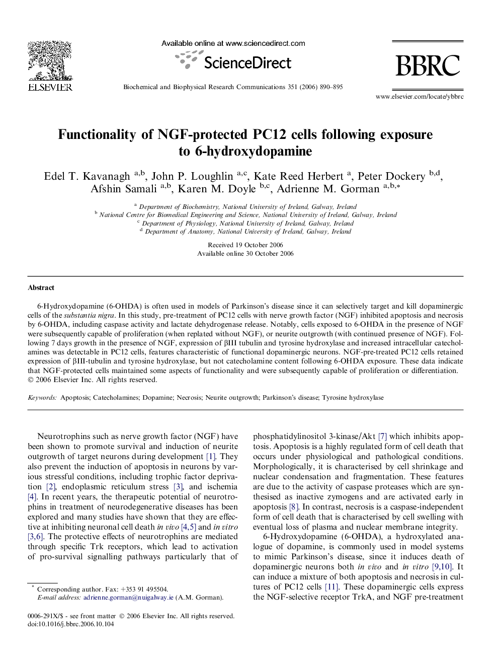 Functionality of NGF-protected PC12 cells following exposure to 6-hydroxydopamine