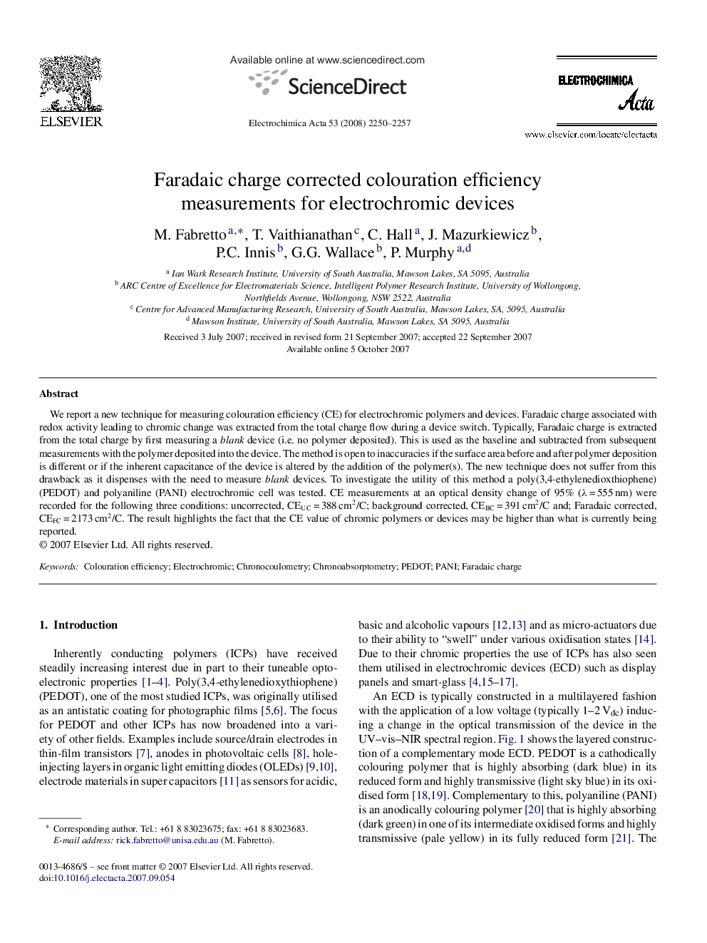 Faradaic charge corrected colouration efficiency measurements for electrochromic devices