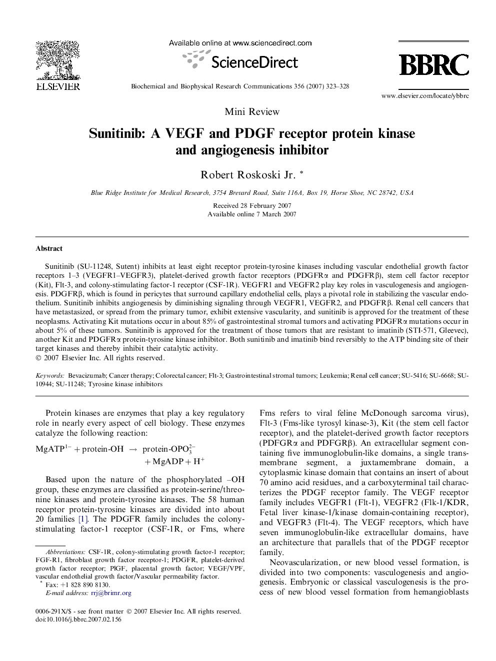 Sunitinib: A VEGF and PDGF receptor protein kinase and angiogenesis inhibitor