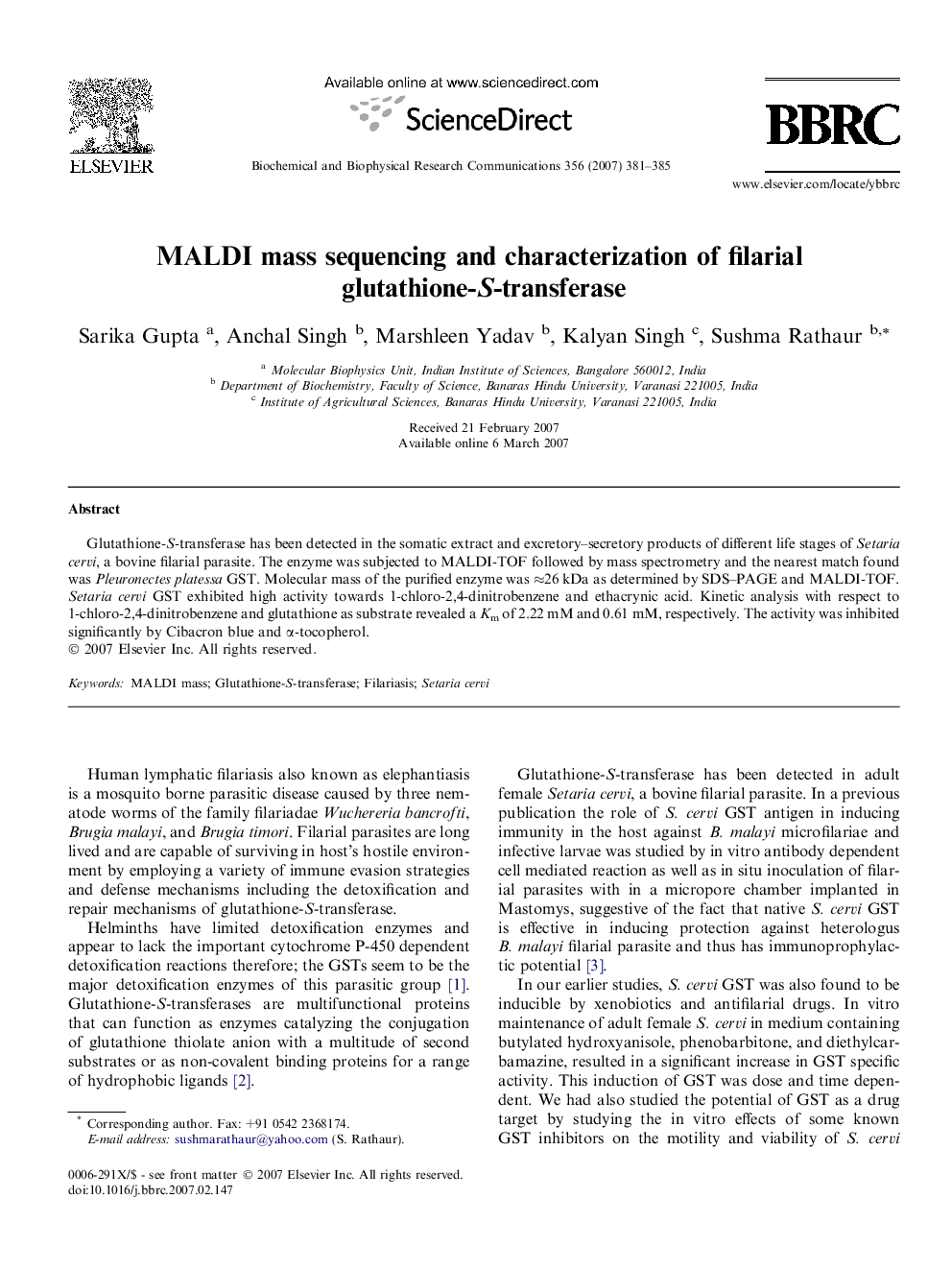 MALDI mass sequencing and characterization of filarialglutathione-S-transferase