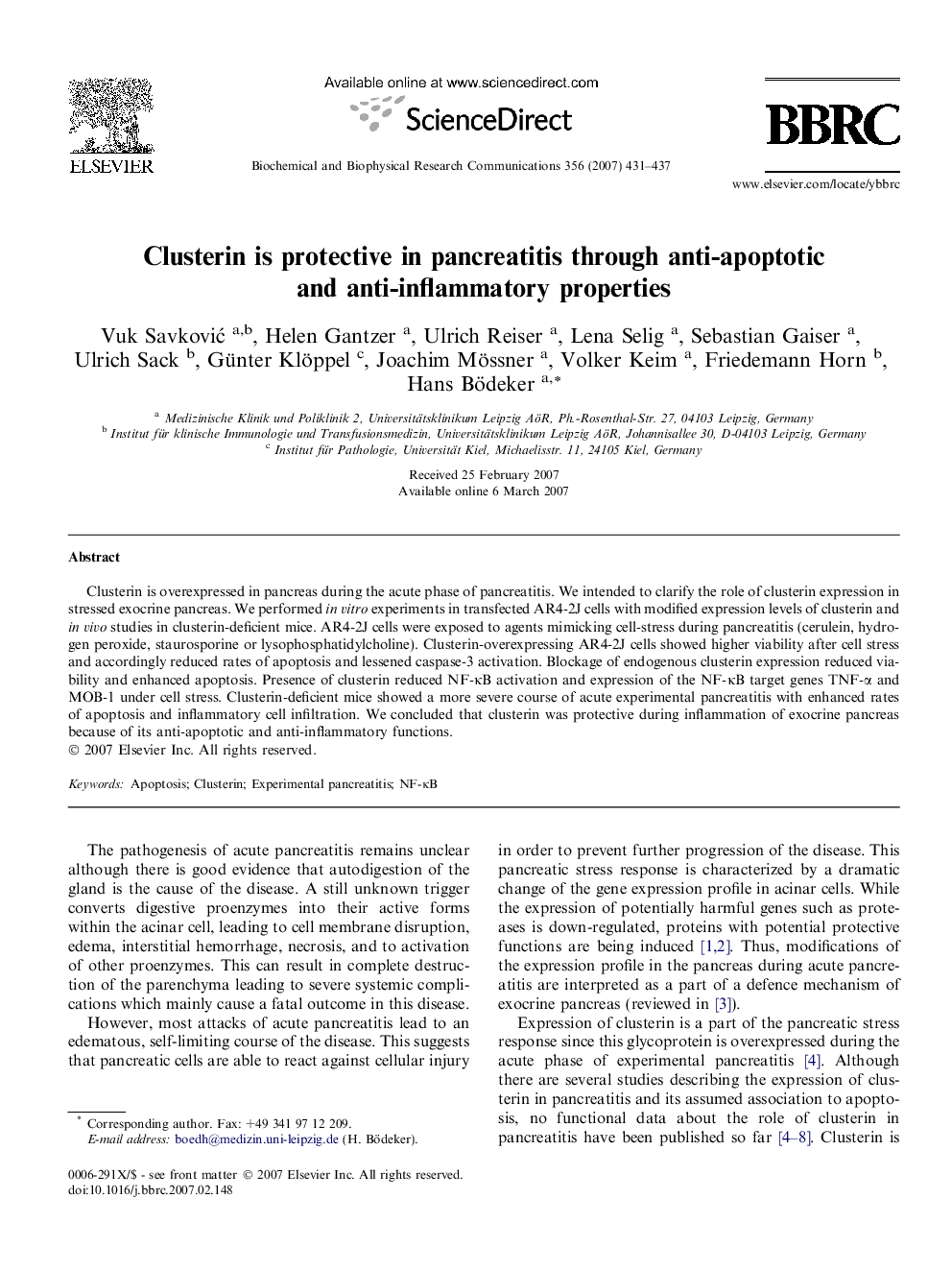 Clusterin is protective in pancreatitis through anti-apoptotic and anti-inflammatory properties