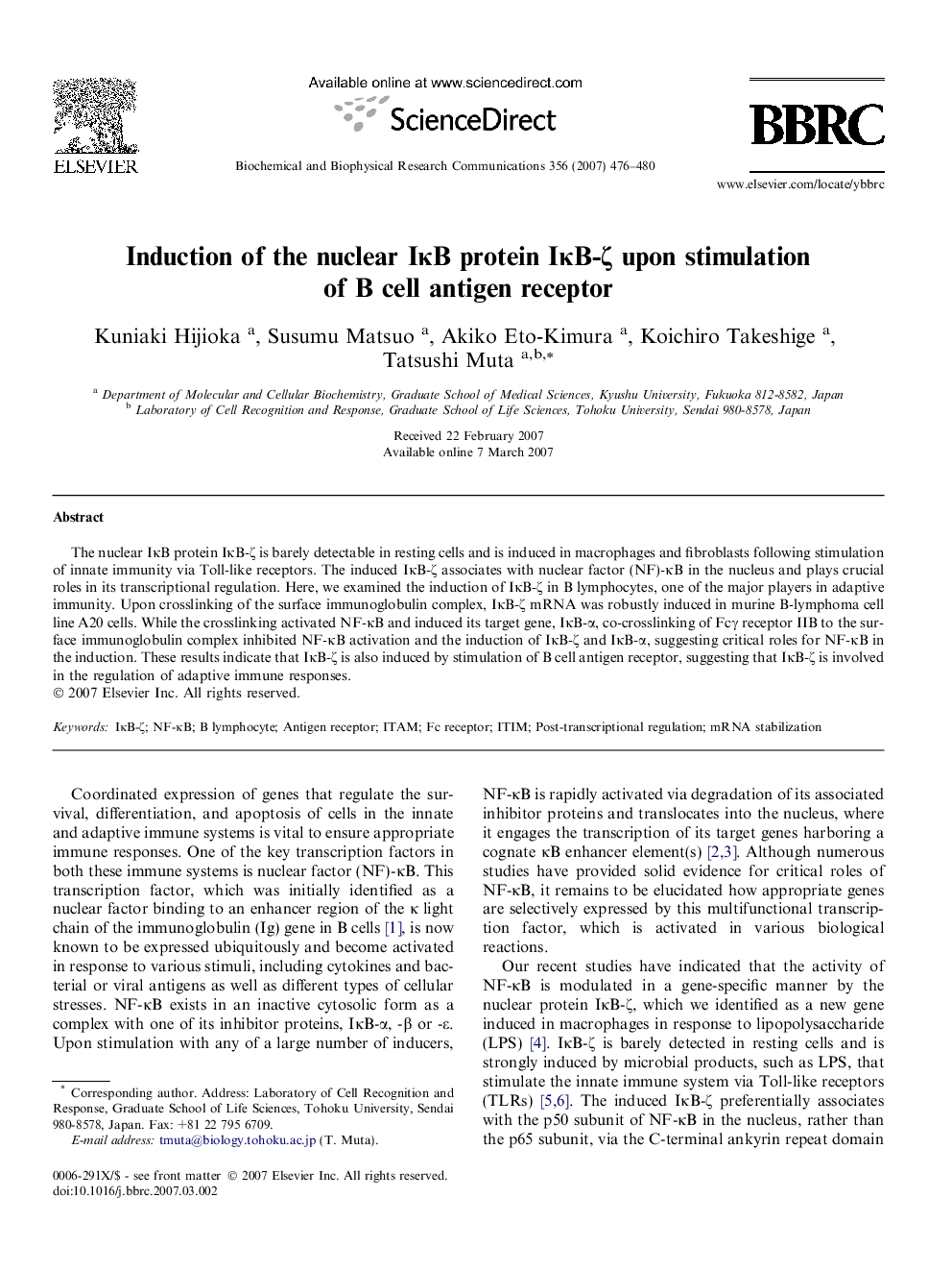 Induction of the nuclear IκB protein IκB-ζ upon stimulation of B cell antigen receptor