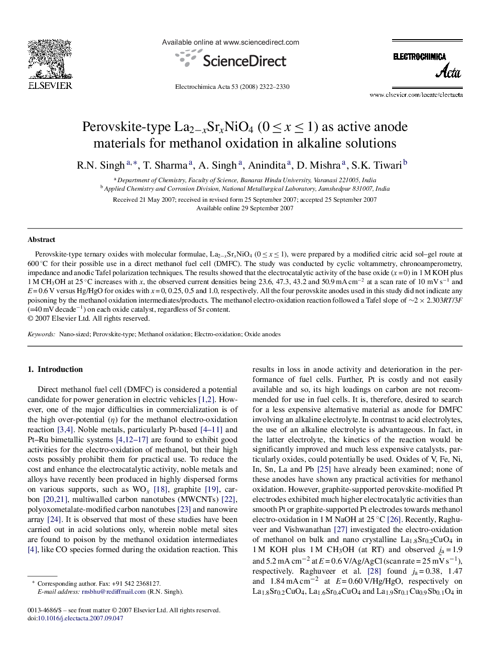 Perovskite-type La2−xSrxNiO4 (0 ≤ x ≤ 1) as active anode materials for methanol oxidation in alkaline solutions