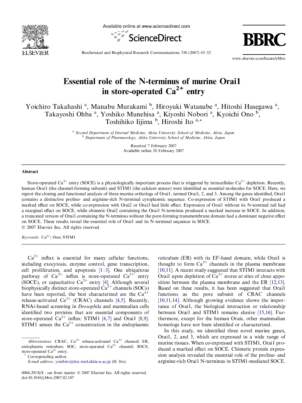 Essential role of the N-terminus of murine Orai1 in store-operated Ca2+ entry