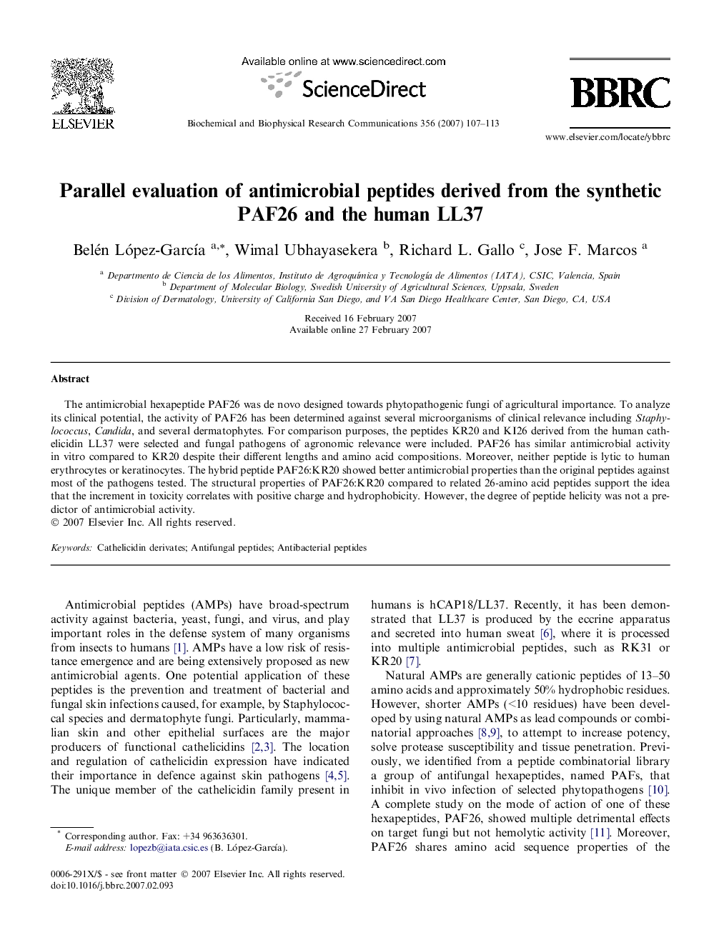 Parallel evaluation of antimicrobial peptides derived from the synthetic PAF26 and the human LL37