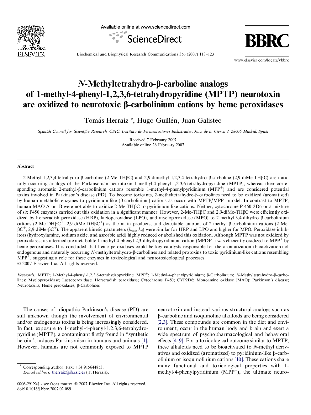 N-Methyltetrahydro-β-carboline analogs of 1-methyl-4-phenyl-1,2,3,6-tetrahydropyridine (MPTP) neurotoxin are oxidized to neurotoxic β-carbolinium cations by heme peroxidases