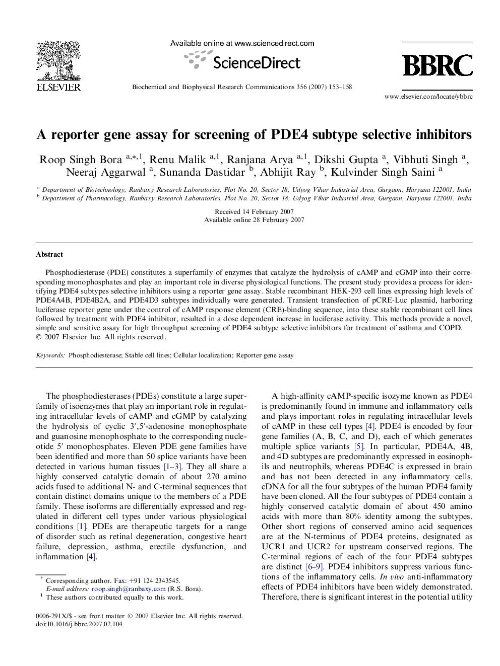 A reporter gene assay for screening of PDE4 subtype selective inhibitors