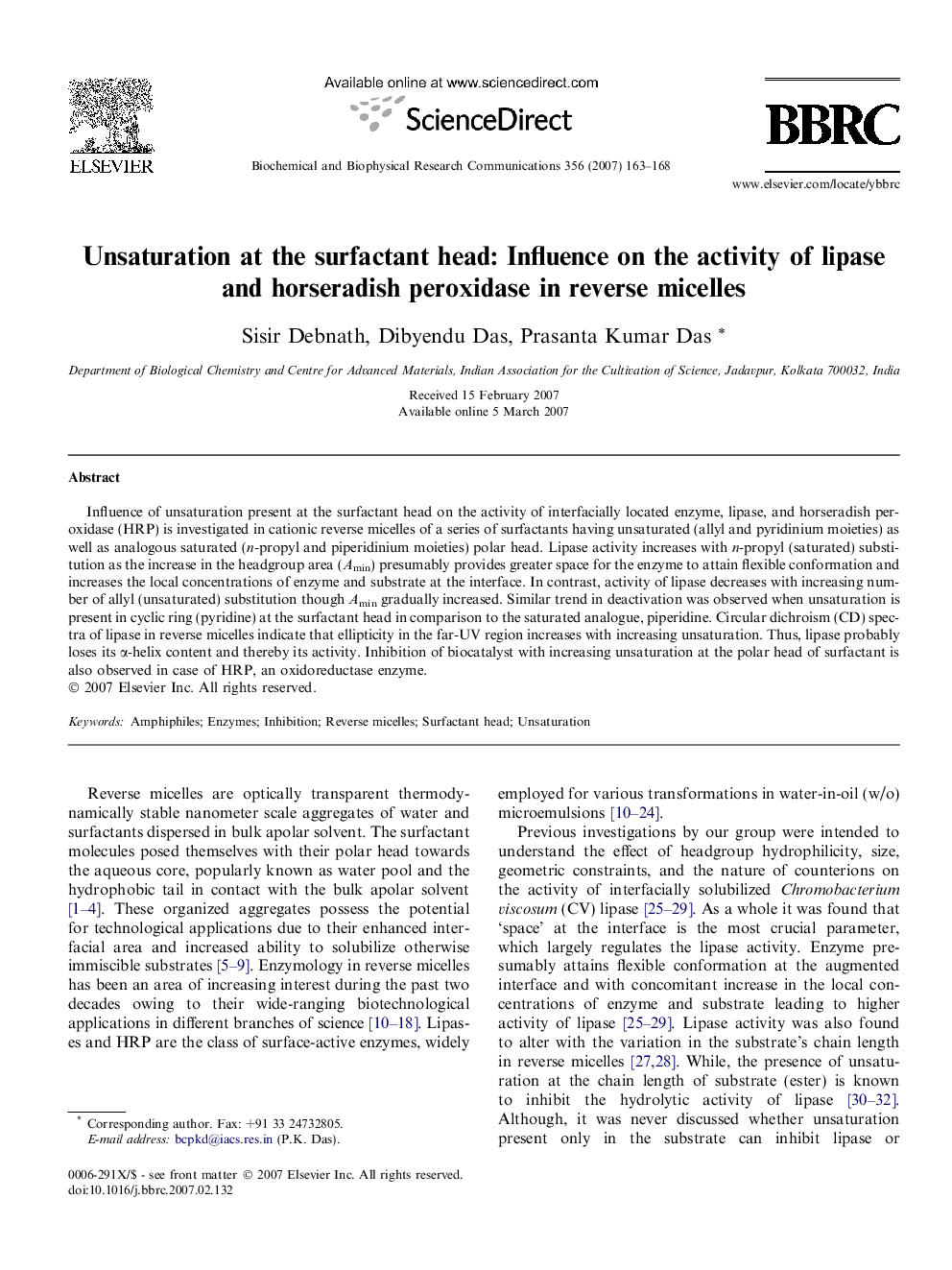 Unsaturation at the surfactant head: Influence on the activity of lipase and horseradish peroxidase in reverse micelles