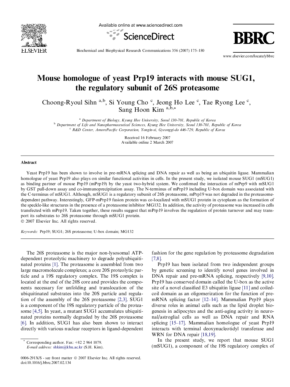 Mouse homologue of yeast Prp19 interacts with mouse SUG1, the regulatory subunit of 26S proteasome